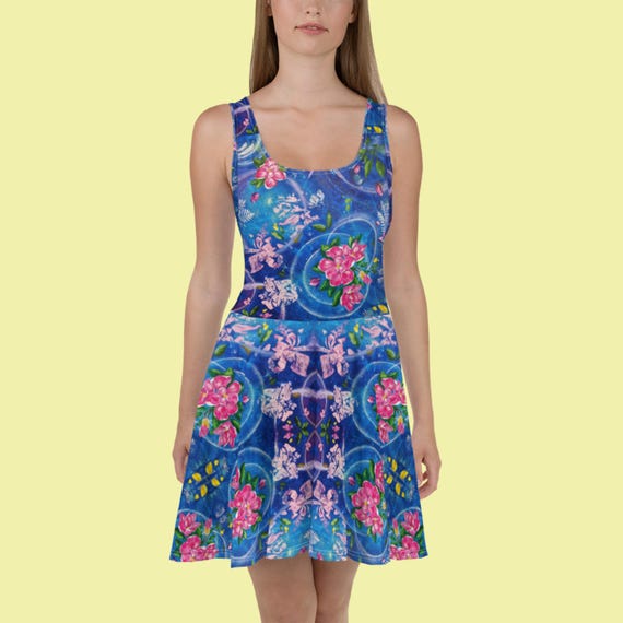 blue floral skater dress Summer Midi dress Size:12-12,5 US / 43 2025 NH SPRING BREAK EDIT Light Blue V-neckline Long race meetings