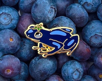 Blueberry Frog Enamel Pin, Shiny Gold Metal, Printed Details