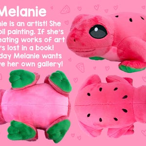 May include: A plush toy shaped like a watermelon with green accents. The toy is pink and has a friendly face. The toy is shown in three different poses.