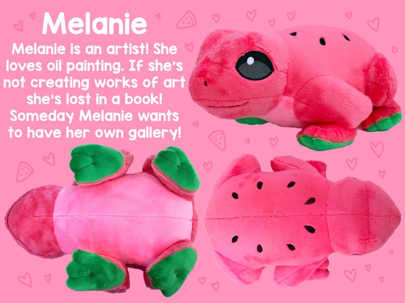 May include: A plush toy shaped like a watermelon with green accents. The toy is pink and has a friendly face. The toy is shown in three different poses.