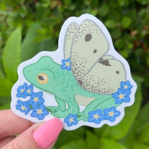 Gorgeous Fairy Moth Frog with Forget Me Not wildflowers Flower floral Sticker! Art Sticker!