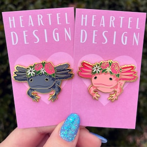 Axolotl Flower Crown Enamel Pin! Adorable pink or black axolotl!