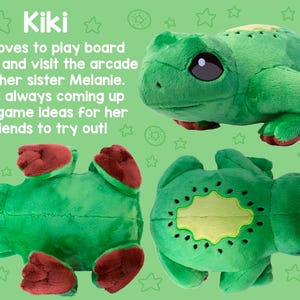 May include: A green plush frog toy with a kiwi fruit design on its back. The frog is lying on its back with its legs in the air. The frog is also shown in other poses, including sitting up and lying on its side.
