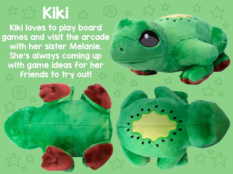 May include: A green plush frog toy with a kiwi fruit design on its back. The frog is lying on its back with its legs in the air. The frog is also shown in other poses, including sitting up and lying on its side.
