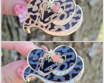 Ball Python Snake Flower Crown Enamel Pin! Adorable brown or black!