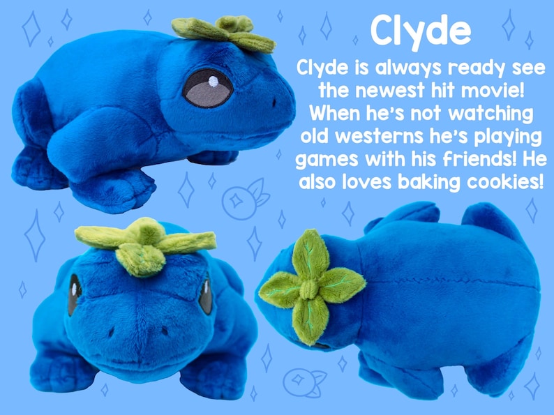 May include: A blue plush toy frog with a green leaf on its head. The frog is in three different poses, showing its front, side, and back. The frog is a handmade plush toy.
