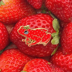 Strawberry Fruit Frog Enamel Pin! Adorable tiny frog pin!