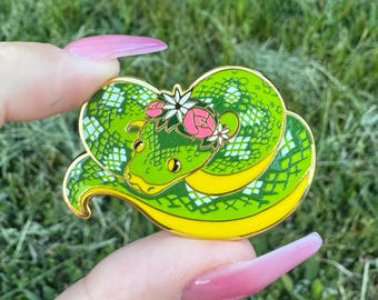 Emerald tree boa Snake Flower Crown Enamel Pin! Adorable