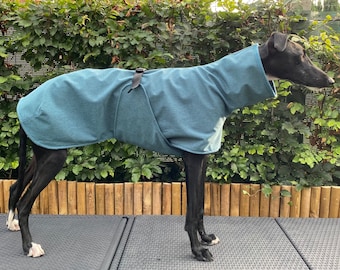 Softshell sighthound teal coat, teal green greyhound raincoat, whippet dog jacket