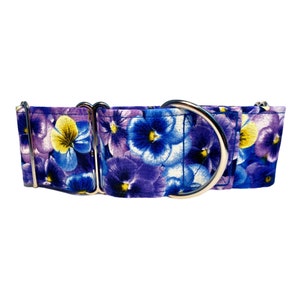 Pansy viola flowers martingale dog collar, blue purple floral buckle dog collar