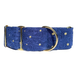 Blue waves martingale dog collar, blue and gold stars buckle dog collar