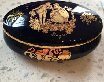 Caixa de porcelana Limoges vintage, azul e banhada a ouro 22 quilates, para anel de noivado/joias. França.
