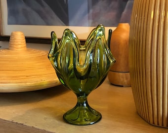 Vintage Six Fingered Viking Avocado Green Blown Glass Pedestal Candy Dish / Handkerchief Vase