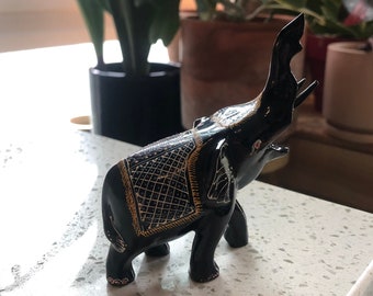 Hand Painted Four-Inch Vintage Wooden Black Glossy Elephant Carving