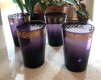 Gold-Rimmed Vintage Pier 1 Imports Amethyst Purple Glasses / SET OF 4