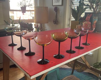 Set of 8 Portuguese MCM Multi-Colored Champagne Coups / Martini Glasses / Vintage Barware