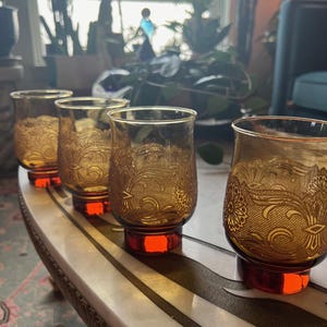 Vintage Libbey Americana Amber Embossed Juice Glasses / Cocktail Tumblers SET OF 4