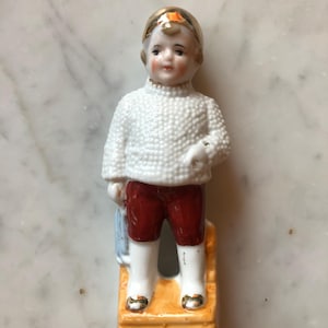 Antique 1930s German Boy In Snow Porcelain Figurine Nubbly Christmas Statuette