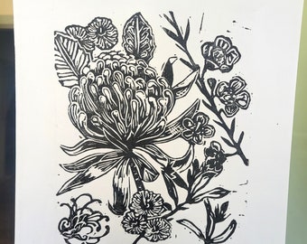 Native Australian Flowers Original Handmade Linocut Print