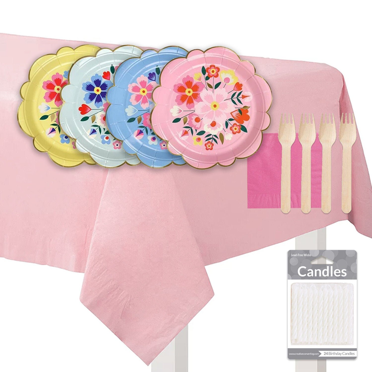 Princess Party Tableware Cake Topper Bundle Floral Party Plates Napkins Tablecloth White Candles Biodegradable Wooden Forks 8
