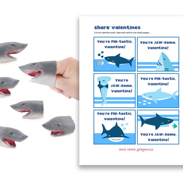 Shark Valentines for Kids | Shark Finger Puppet Valentine's Day Card Kit | Cards + Favors Toys for Girls + Boys (set of 6)