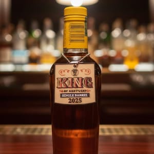 May include: A bottle of King of Kentucky Single Barrel 2025 bourbon. The clear glass bottle has a yellow cap and a label with the brand name and product details. The bottle is filled with amber-colored liquor and sits on a wooden surface.