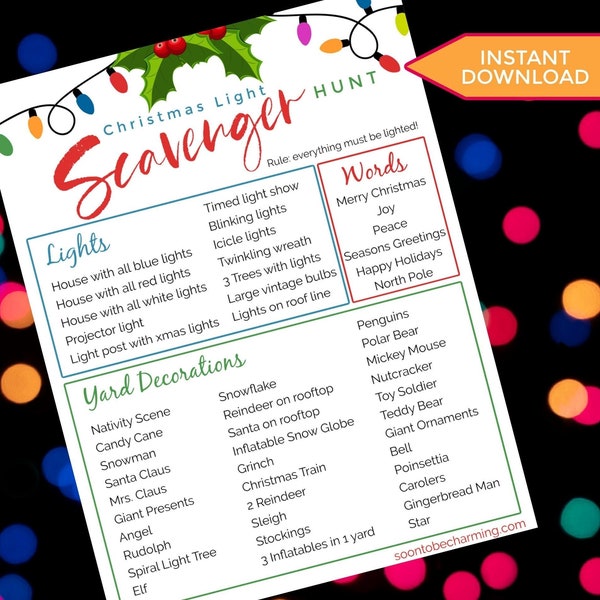 Christmas Light Scavenger Hunt | Scavenger Hunt| Printable | Instant Download| Family| For Kids | Game | Activity| Holiday Printable