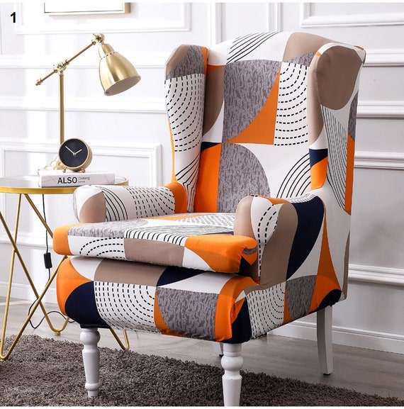 Anchengcraft Wing Chair Slipcovers-2 PCS Spandex Stretch Sofa Covers Wingback Armchair Covers with Arms Printing Pattern Fabric Furniture Protector 08 