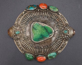 Antique Silver Hair Ornament With Turquoise and Coral - Tibet 19th c