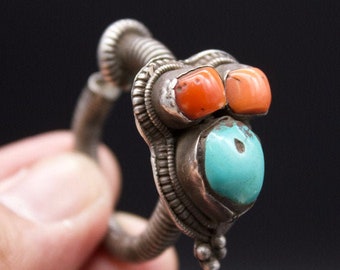 Antique Tibetan  Silver and Turquoise Earrings -Ceremonial  Ear Ornament - Ancient Tibetan Jewelry- Ethnic Jewelry- Early 19th c
