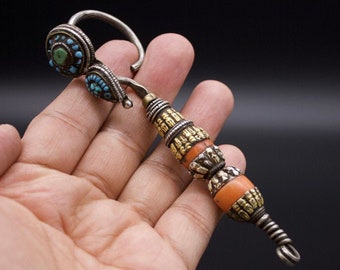 Antique Tibetan long  Silver Ear Pendant -Ceremonial Gold Ear Ornament - Ancient Tibetan Jewelry- Ethnic Jewelry- Early 19th c