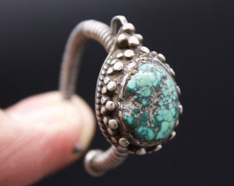 Antique Tibetan  Silver and Turquoise Earrings -Ceremonial  Ear Ornament - Ancient Tibetan Jewelry- Ethnic Jewelry- Early 20th c
