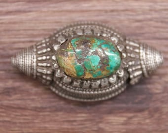 Antique Tibetan Silver and Turquoise Hair Ornament -Silver Bead Pair-Locket - Ancient Tibetan Jewelry- Ethnic Jewelry- Early 19th c