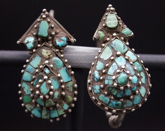 Antique Tibetan  Silver and Turquoise Earrings -Ceremonial  Ear Ornament - Ancient Tibetan Jewelry- Ethnic Jewelry- Early 19th c