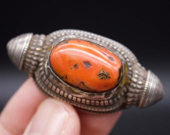Antique Tibetan Silver and  Coral Hair Ornament-Silver Bead-Locket- Ancient Tibetan Jewelry- Ethnic Jewelry- Early 19th c