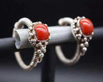 Antique Tibetan  Silver and Coral Earrings -Ceremonial  Ear Ornament - Ancient Tibetan Jewelry- Ethnic Jewelry- Late 20th c