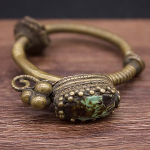 Antique Tibetan Brass and Antique Turquoise Earrings -Ceremonial  Ear Ornament - Ancient Tibetan Jewelry- Ethnic Jewelry- Early 19th c