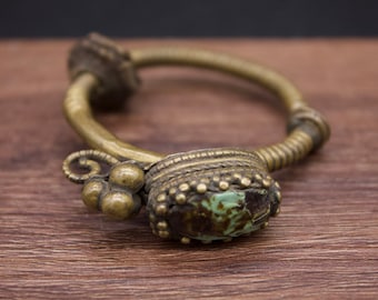 Antique Tibetan Brass and Antique Turquoise Earrings -Ceremonial  Ear Ornament - Ancient Tibetan Jewelry- Ethnic Jewelry- Early 19th c
