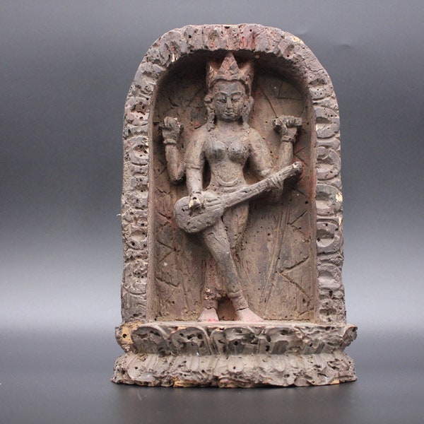 Ancient Hand Carved Wooden Saraswati - Nepal 16th c
