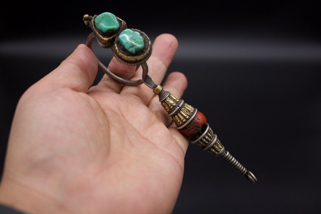 Antique Tibetan Long Silver Ear Pendant -ceremonial Gold Ear