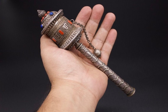 アンティーク チベット マニ車、銀線細工、珊瑚、ラピス - ネパール 20