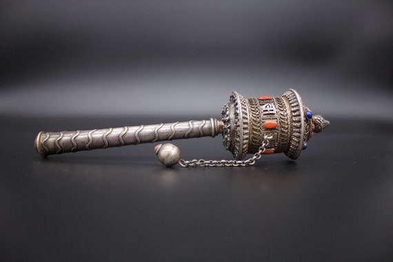 アンティーク チベット マニ車、銀線細工、珊瑚、ラピス - ネパール 20