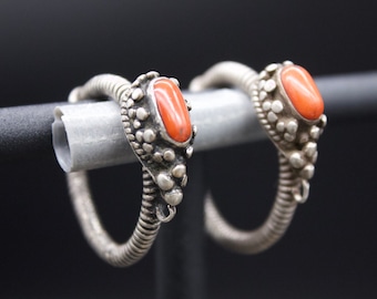 Antique Tibetan  Silver and Coral Earrings -Ceremonial  Ear Ornament - Ancient Tibetan Jewelry- Ethnic Jewelry- Early 20th c