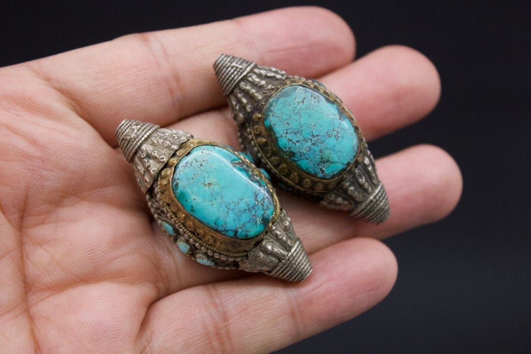 Antique Tibetan Silver and Turquoise Hair Ornament Pair-silver