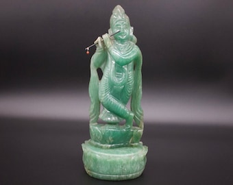 Antique Hand Carved Aventurine Standing Krishna Statue- Krishna Playing flute- India 19th c