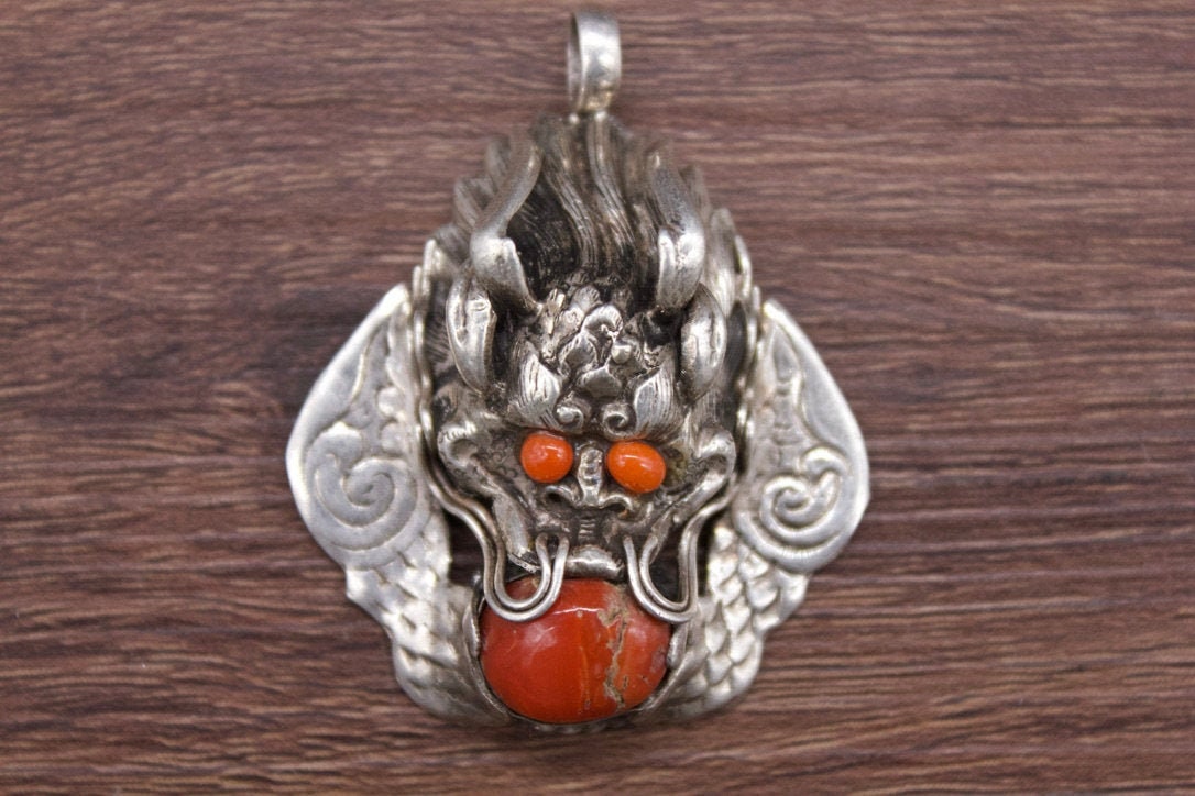 Antique Silver Dragon Pendant - Handmade Dragon Pendent-Tribal Jewelry- Ethnic Jewelry- Nepal 20th c