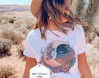 Boho Moon, Womens Graphic Tshirt, Watercolor flowers, Vintage Feather Floral, Girlfriend gift