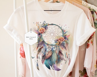 Spring Clothing, Boho Dreamcatcher, Womens Graphic Tshirt, Watercolor flowers, Vintage Feather Floral, Girlfriend gift