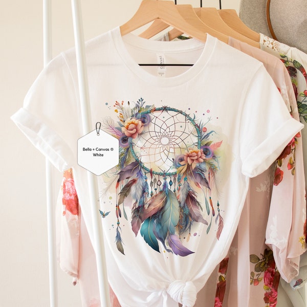 Spring Clothing, Boho Dreamcatcher, Womens Graphic Tshirt, Watercolor flowers, Vintage Feather Floral, Girlfriend gift