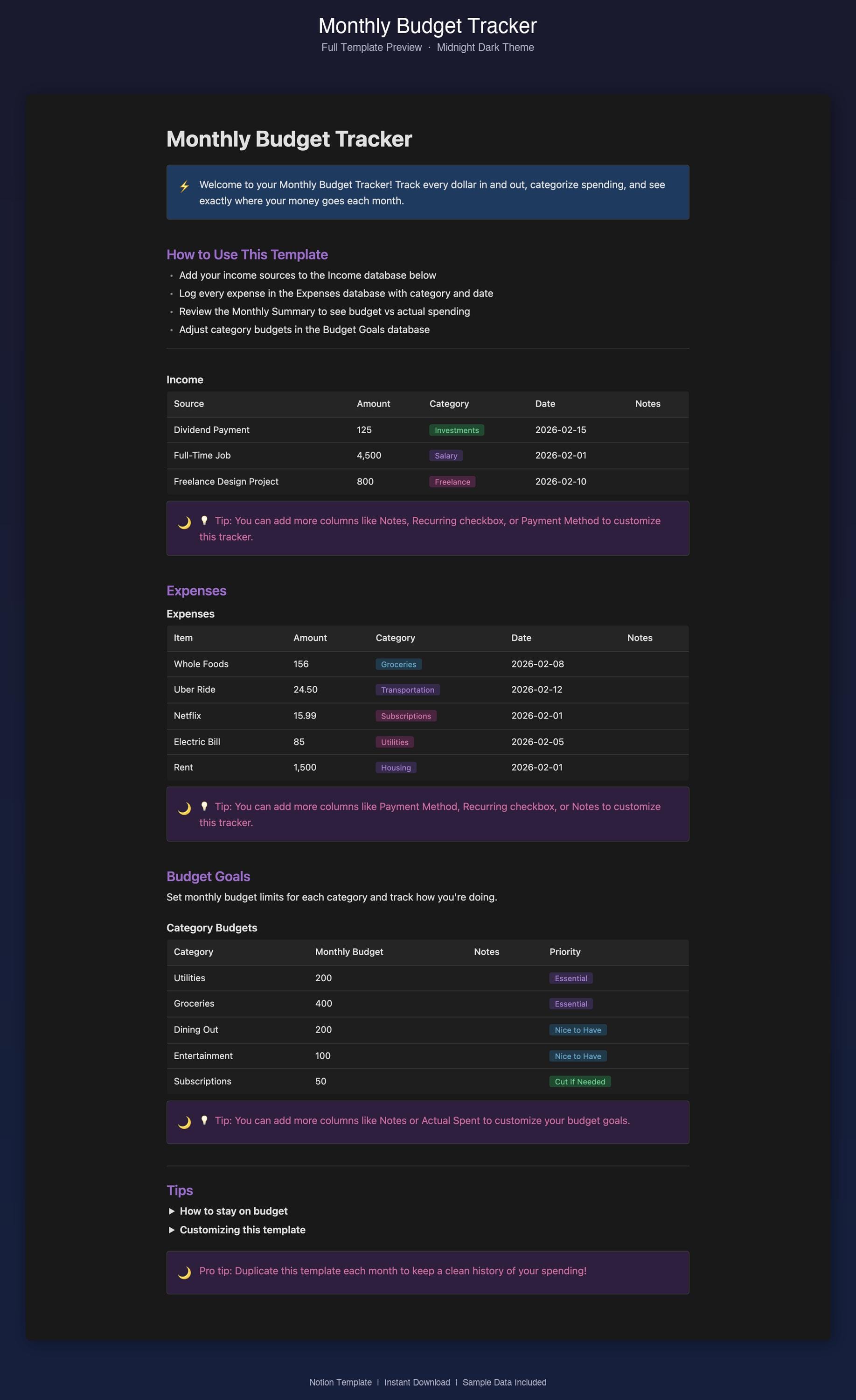 Monthly Budget Tracker Notion Template | Income Expense Tracking ...